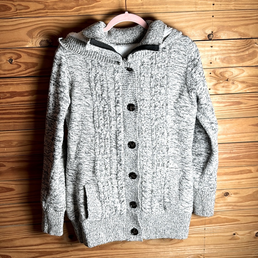 Beautiful Hooded Collar Fleece Button Up Zip Black & White Speckled Knit coat